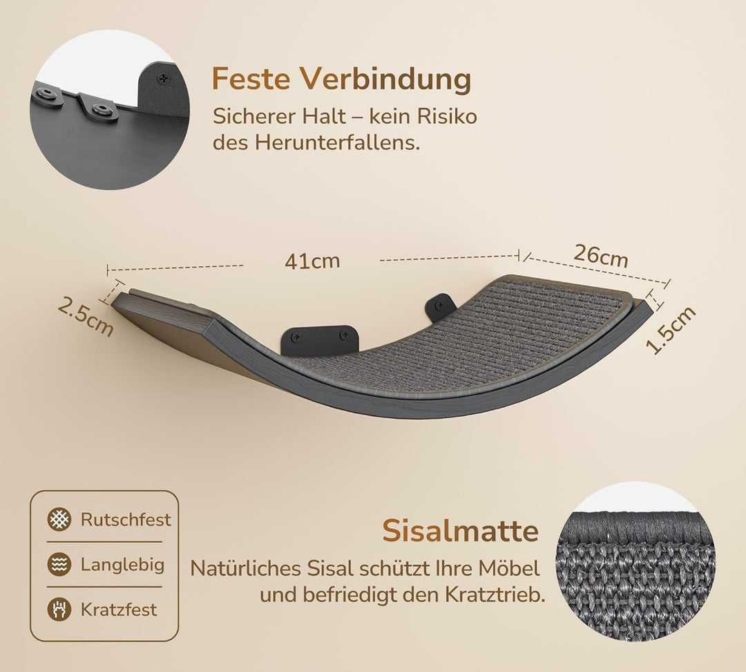 Katzentreppe Wand 3er-Set, Katzen Kletterwand mit 2 Kletterstufen & Gebogenen Plattformen, Wandmonti