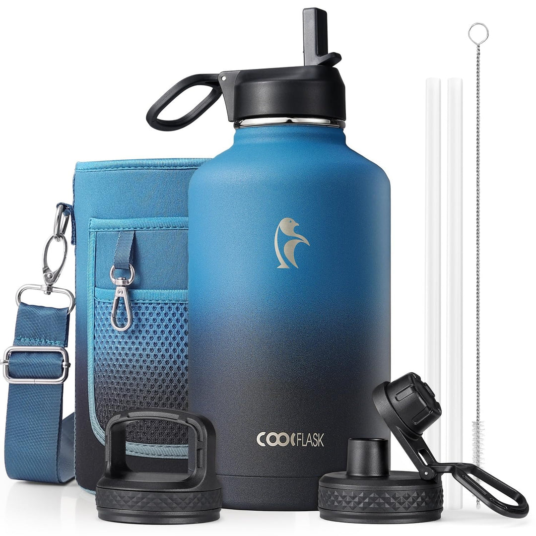 Coolflask Isolierte Wasserflasche 2L, Wasserflasche mit Strohhalm &amp; 3 Deckeln, Isolierte Trinkflasch