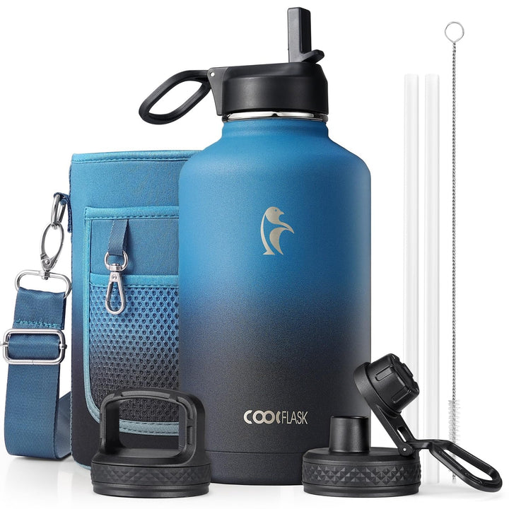 Coolflask Isolierte Wasserflasche 2L, Wasserflasche mit Strohhalm &amp; 3 Deckeln, Isolierte Trinkflasch