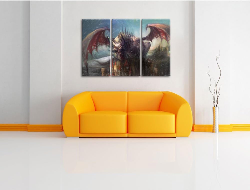 Pixxprint der Drache auf der Festung als Leinwandbild/Grösse: 3 Teilig (120x80 cm) cm/Wandbild/Kunst