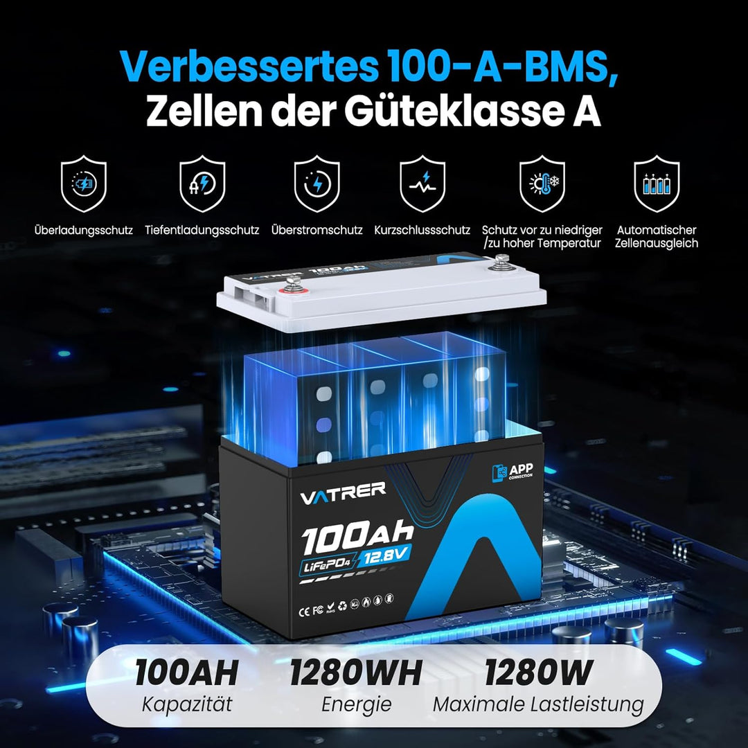 12V 100AH Bluetooth LiFePO4 Lithium Batterie mit 100A BMS 5000 Zyklen Lithium Akku 1280W Abschaltsch