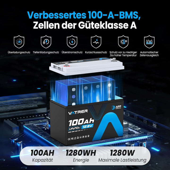 12V 100AH Bluetooth LiFePO4 Lithium Batterie mit 100A BMS 5000 Zyklen Lithium Akku 1280W Abschaltsch
