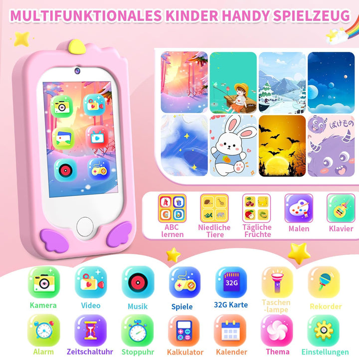 CHAKEYAKE Kinderkamera,Kinder Handy Smartphone Lernspielzeug,Kinder Kamera mit Dual Kamera 2.8" Touc