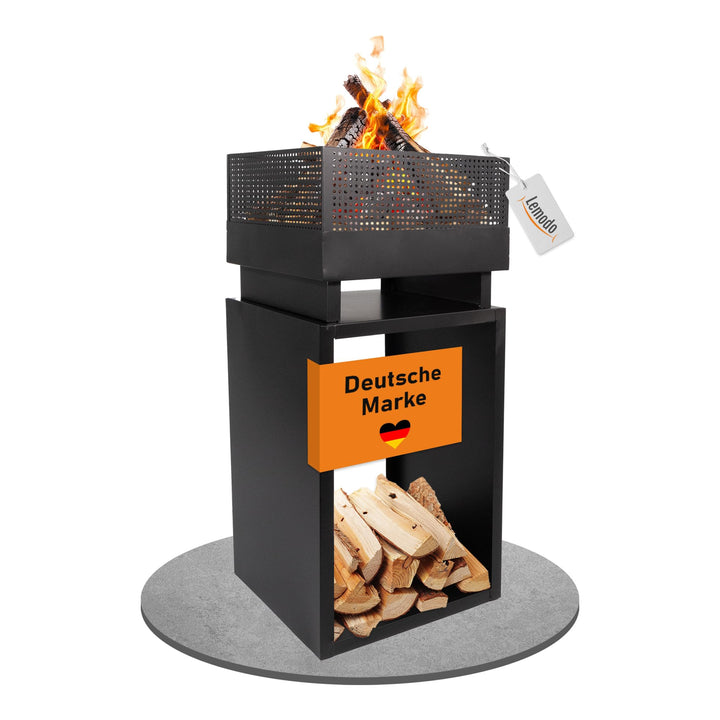 Lemodo Feuerkorb mit Holzlager – Feuerstelle aus robustem Stahl, modernes Design, ideal für Garten u