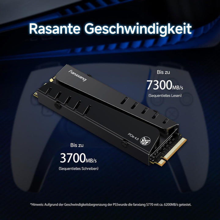 fanxiang M2 SSD 500GB Nvme M.2 2280 Interne SSD Festplatte PCIe 4.0 DRAM mit Kühlkörper, 7400MB/s Le