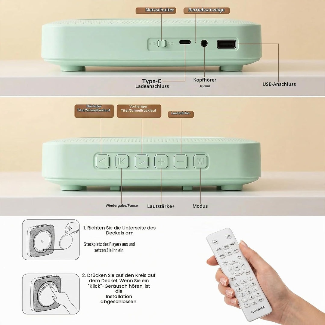 Gueray Desktop CD Player Bluetooth CD-Spieler mit Lautsprechern für Zuhause 1800mAh Tragbarer CD-Pla