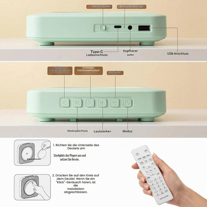 Gueray Desktop CD Player Bluetooth CD-Spieler mit Lautsprechern für Zuhause 1800mAh Tragbarer CD-Pla