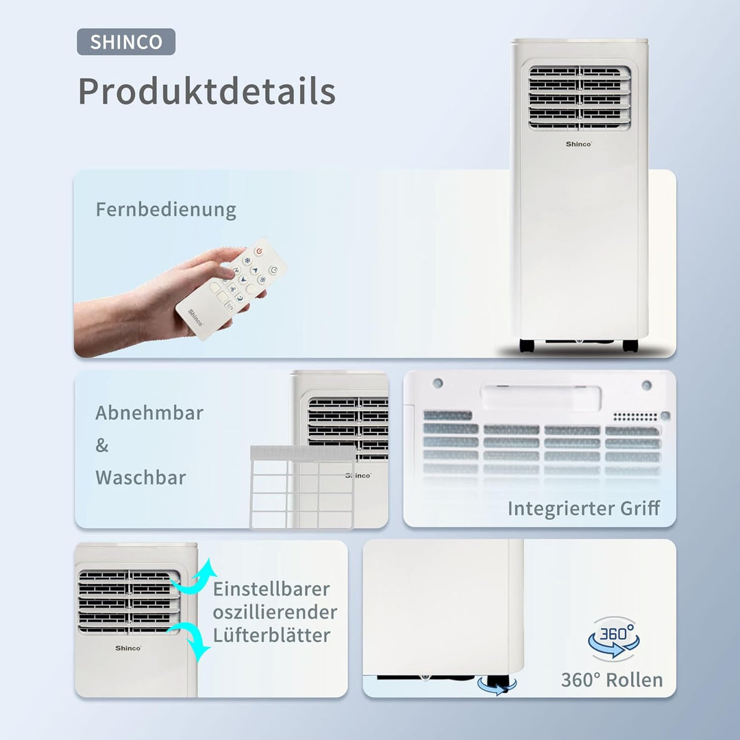 Shinco Mobiles Klimagerät,9000 BTU, 2,6kW, 3-in-1 Klimaanlage, Kühlen&amp;Ventilieren&amp;Entfeuchten, Mobil