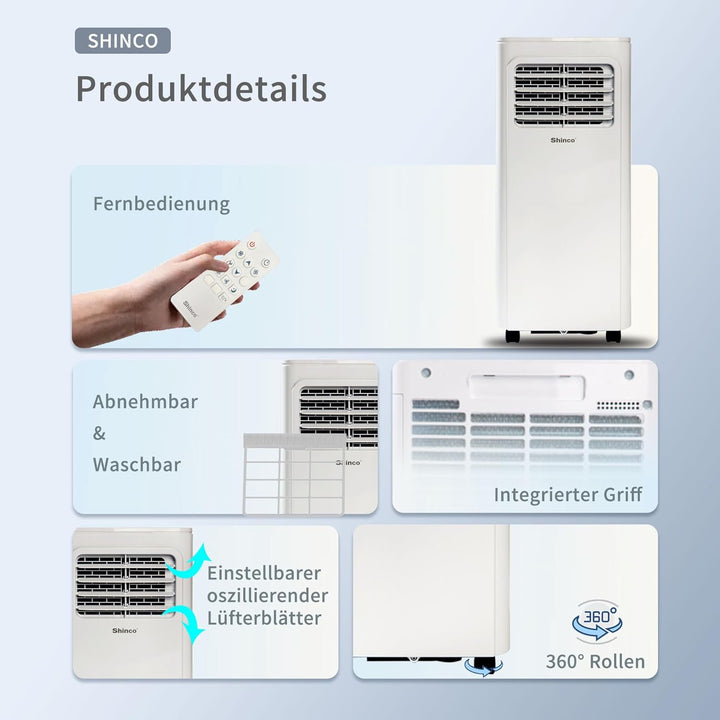 Shinco Mobiles Klimagerät,9000 BTU, 2,6kW, 3-in-1 Klimaanlage, Kühlen&amp;Ventilieren&amp;Entfeuchten, Mobil