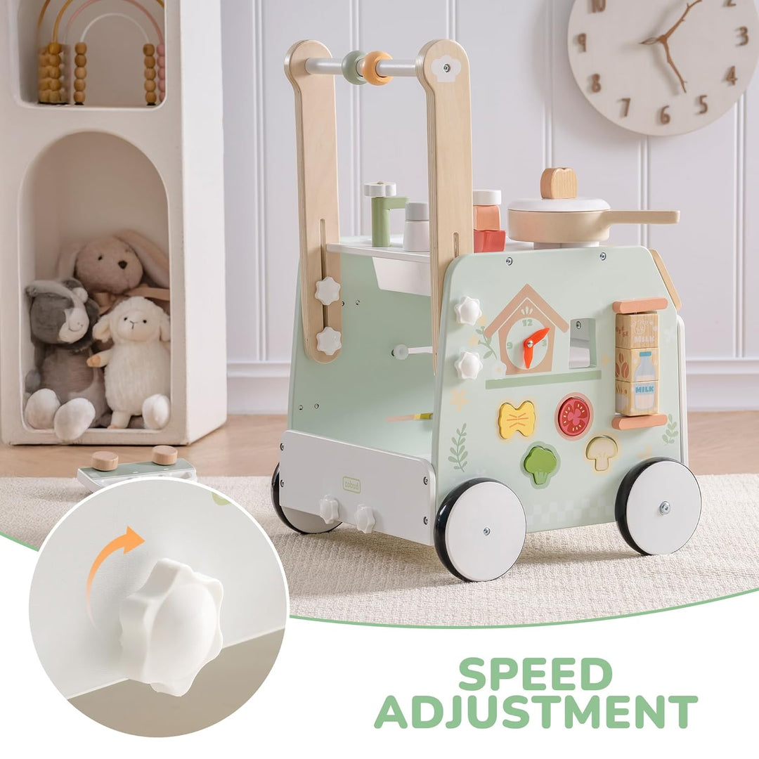 ROBUD Baby Walker Holz für Kleinkinder, Verstellbarer Schiebewagen mit Activity-Center, Grossem Stau