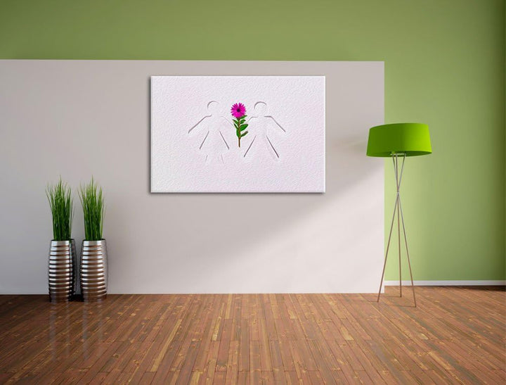 Strichmännchen mit Blume schwarz/weiss Format: 100x70 auf Leinwand, XXL riesige Bilder fertig gerahm
