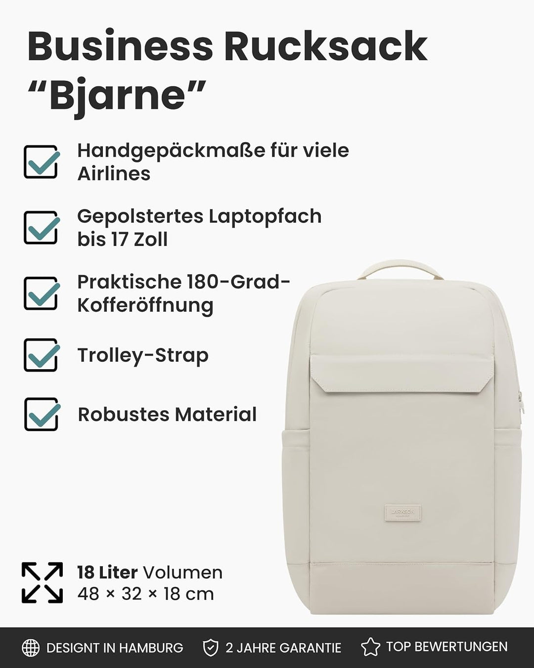 LARKSON Business Laptop Rucksack Herren Beige - Bjarne - Grosser Arbeitsrucksack mit 17 Zoll Laptopf