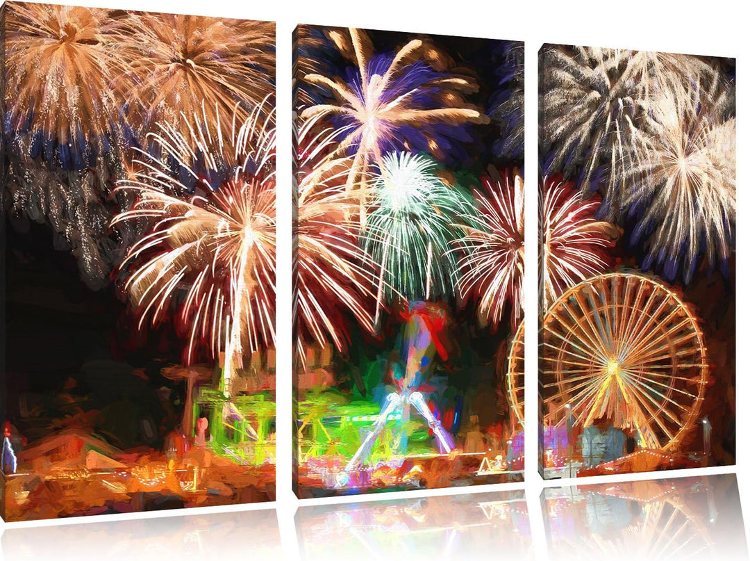 Pixxprint Riesenrad mit Feuerwerk als Leinwandbild/Grösse: 3 Teilig (120x80) cm/Wandbild/Kunstdruck/