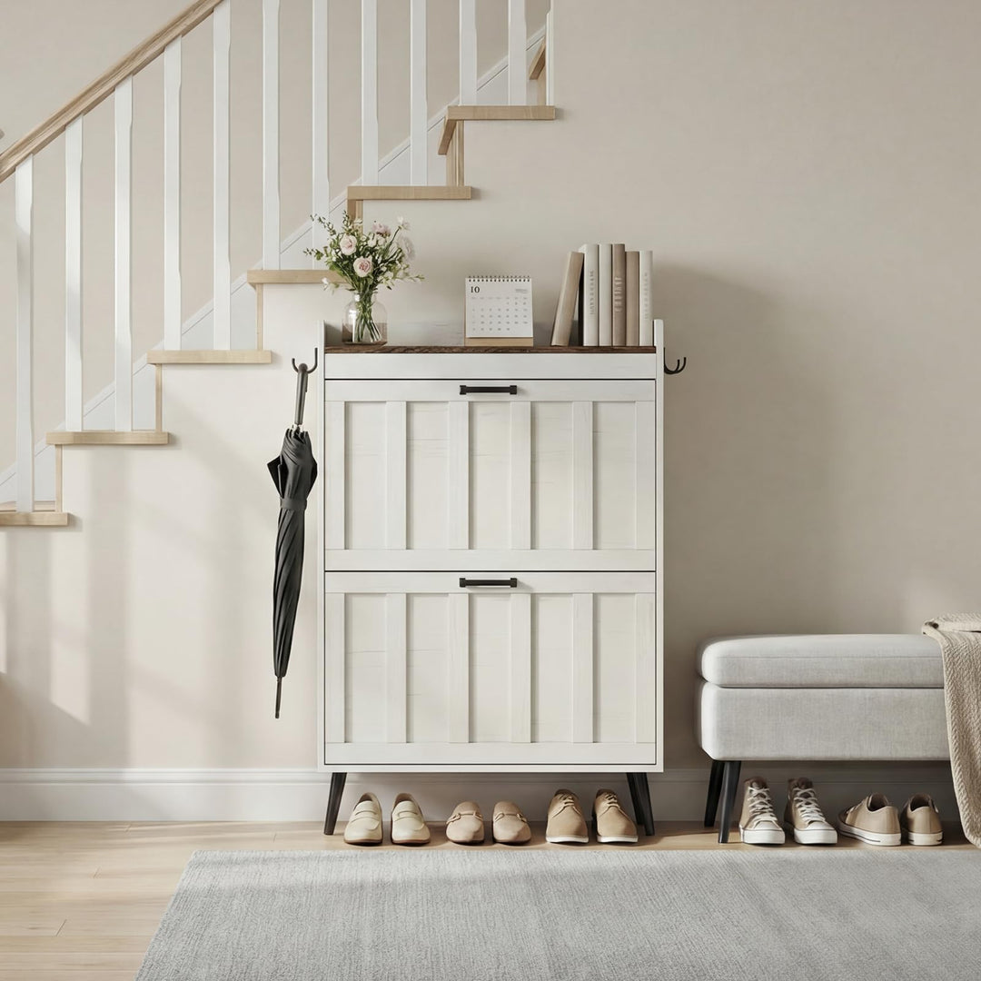 Schuhschrank Schmal mit 2 Klappschubladen, Landhausstil Schuhaufbewahrung für Flur Wohnzimmer, Kipps