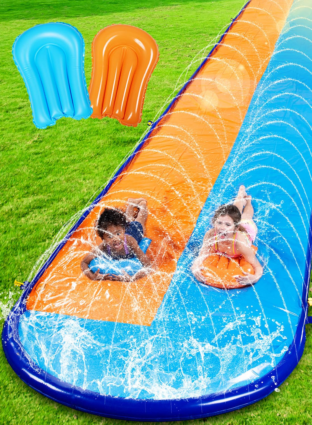 Sloosh 6,9 m Doppelrutsch-Rutschen, robuste Rasen-Wasserrutsche für Kinder und Erwachsene mit Sprink