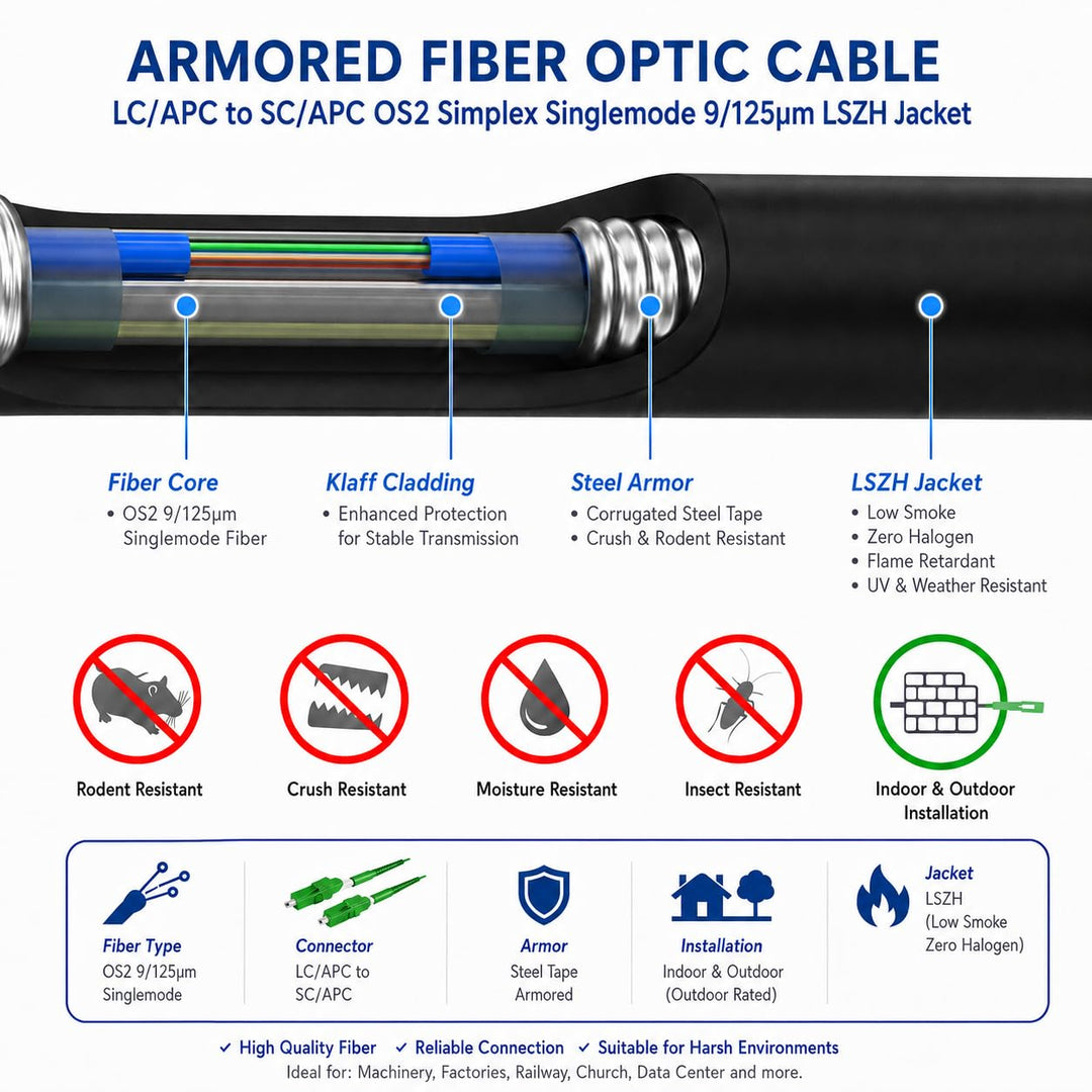 Elfcam® - 40m Gepanzerte Glasfaser-Kabel LC/APC auf SC/APC Simplex Singlemode, 9/125µm OS2, FTTH LWL