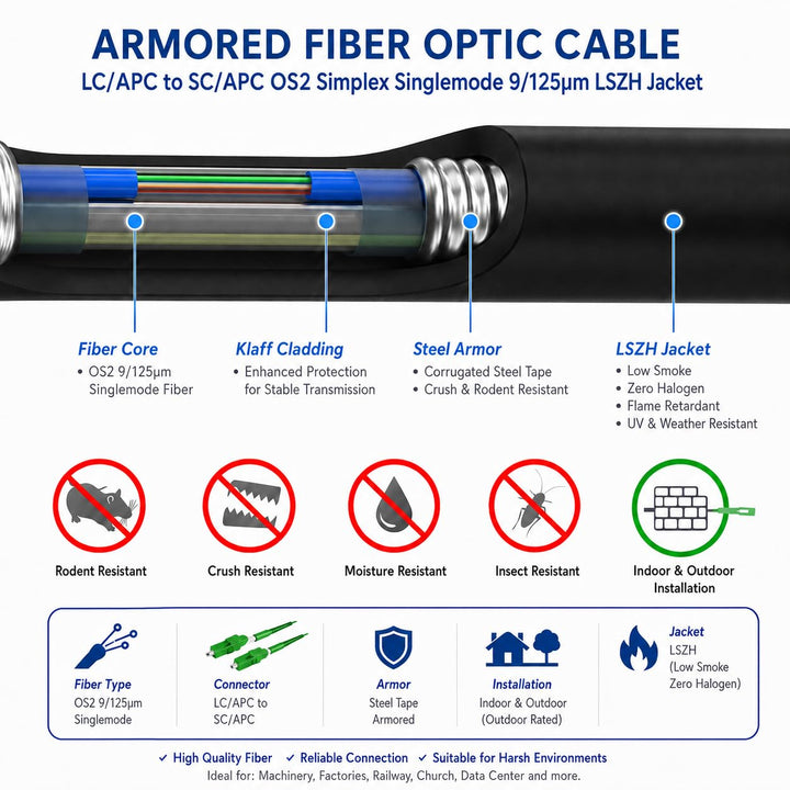 Elfcam® - 40m Gepanzerte Glasfaser-Kabel LC/APC auf SC/APC Simplex Singlemode, 9/125µm OS2, FTTH LWL