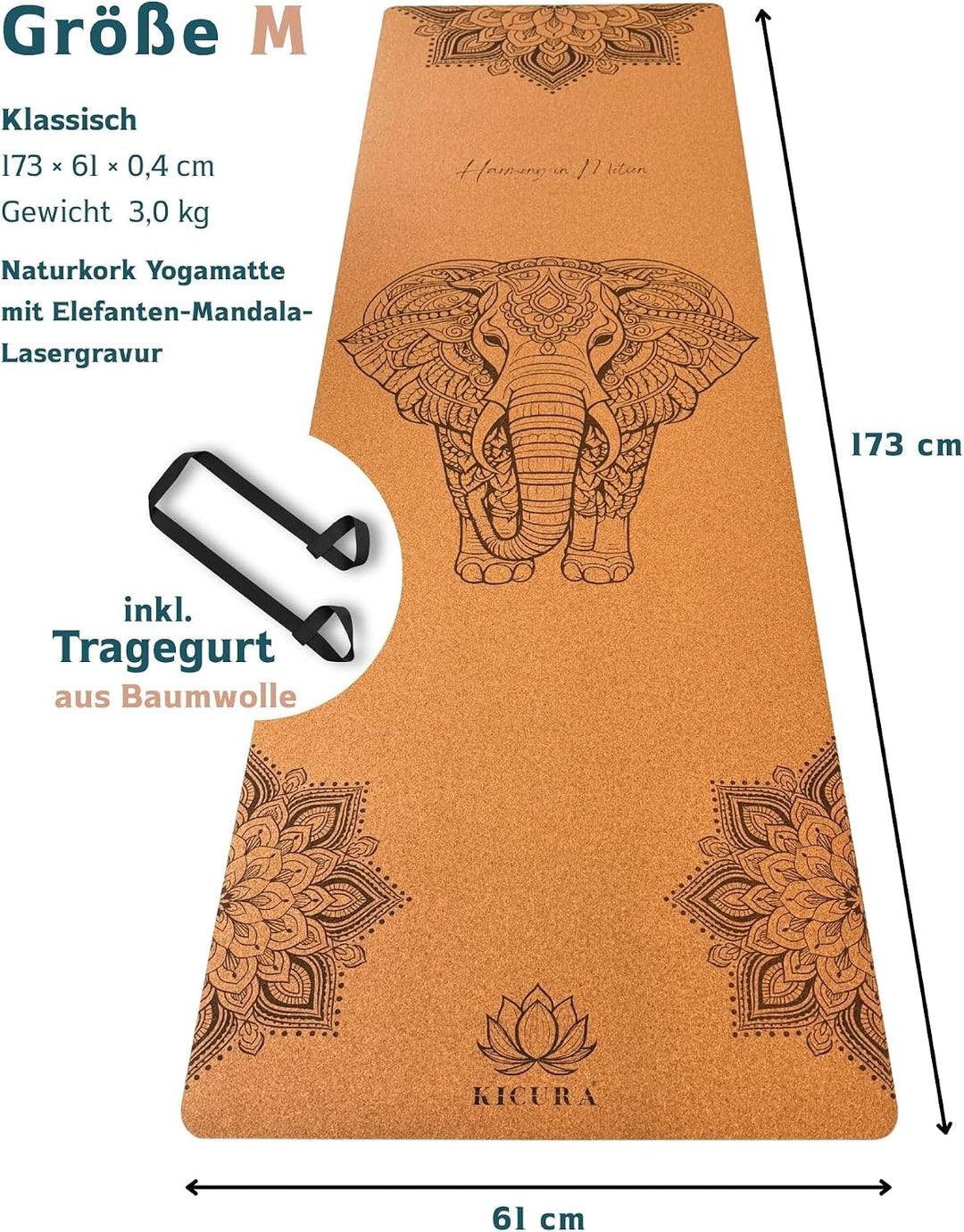 Yoga-Matte aus Kork &amp; Naturkautschuk mit Elefanten-Mandala – rutschfeste Premium-Matte, 4 mm dick, m