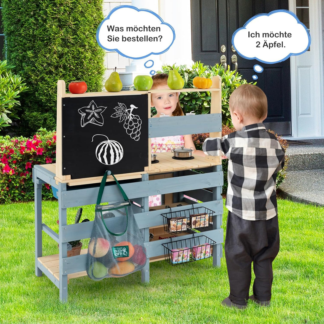 COSTWAY 2 in 1 Kinderküche & Kaufladen, Matschküche Outdoor Kinder, mit Tafel, Metallkörben, Aufbewa