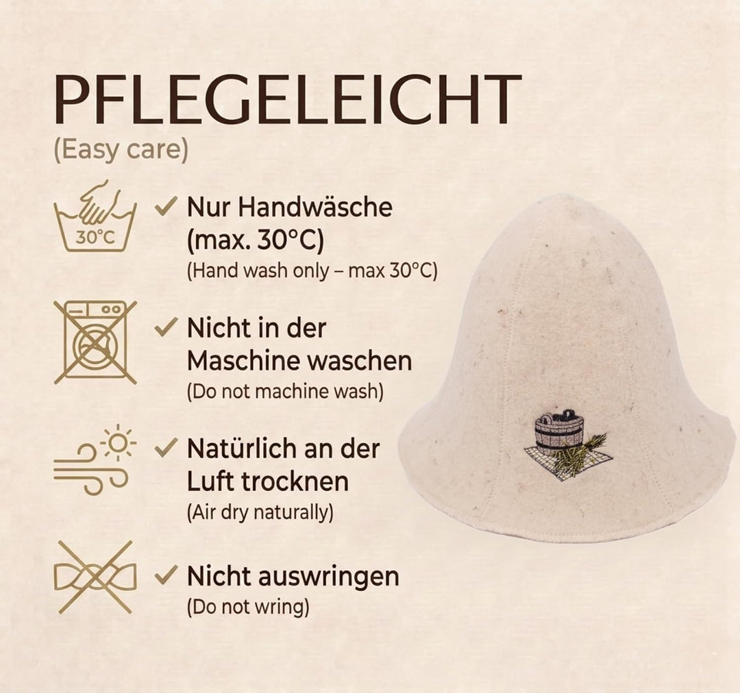 Ger3as Saunahut 100% Wolle mit Stickerei für Damen und Herren, Wellness Mütze Premium Qualität Bad S