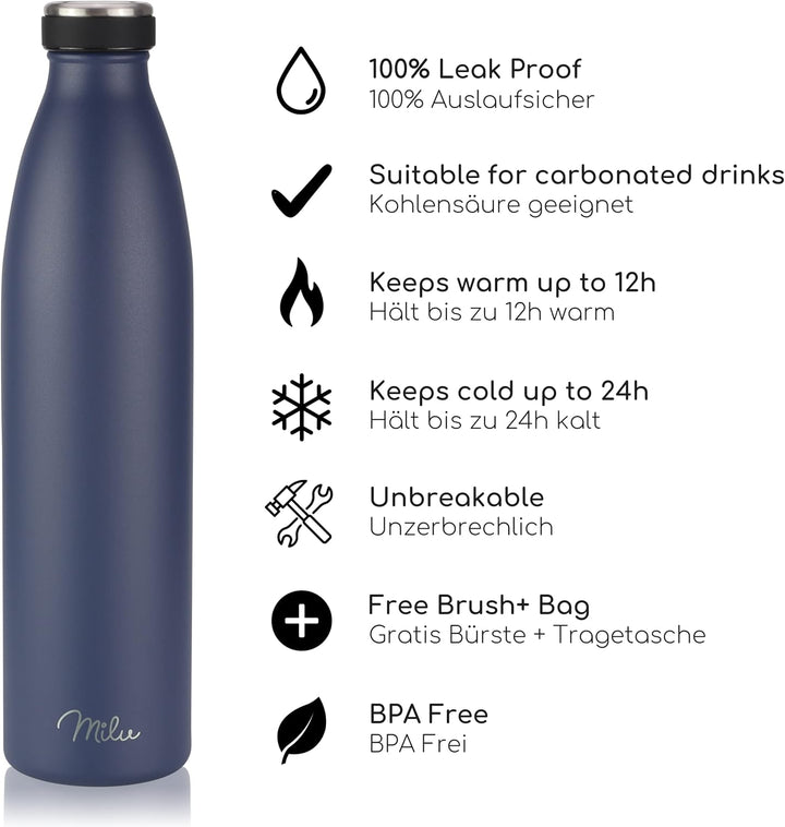 Milu Edelstahl Trinkflasche 350ml 500ml 750ml 1L 1,5L Thermosflasche Isolierte Wasserflasche, Auslau
