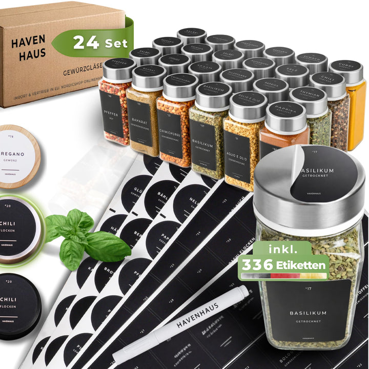 𝗛𝗔𝗩𝗘𝗡𝗛𝗔𝗨𝗦 Gewürz Organizer Set I 24x Gewürzgläser eckig [120ml] mit Streuaufsätzen &amp; Deckel luftdich