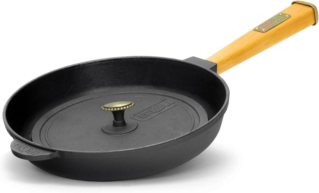 4BIG.fun Ø28cm Grillpfanne Gusseisen mit Pressdeckel Induktion Holzgriff Bratpfanne Pfanne Feuerpfan