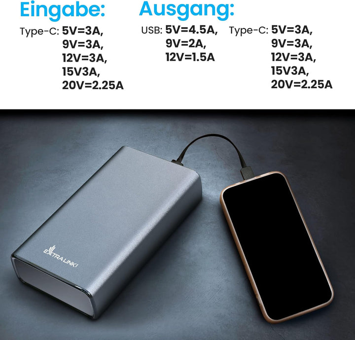 Powerbank 20000mAh Powerbank Schnellladefunktion bis zu 45W PD Power Bank USB C 20000mAh Robustes Ge