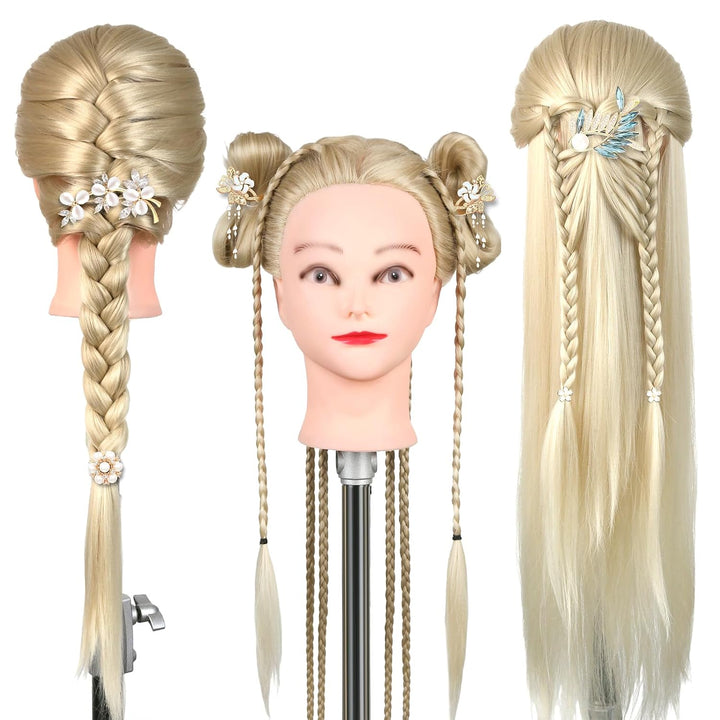 Trainingsköpfe, 28 Zoll Frisierkopf für Friseure, 100% Kunstfaser Haar Übungskopf, mit DIY Strickset