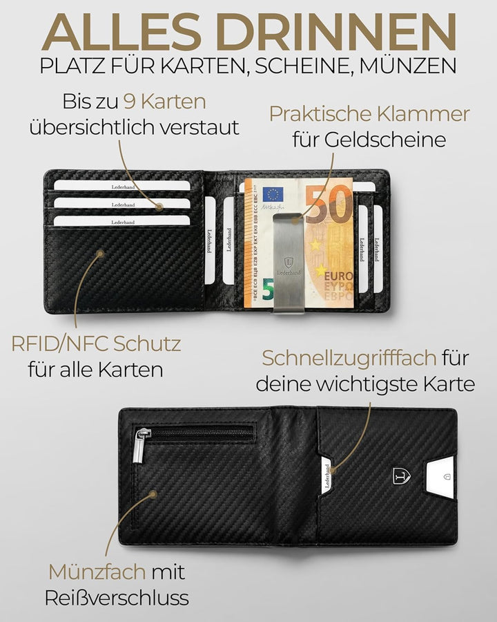 Lederhand® iSlim Wallet - Glattleder Geldbeutel mit Geldklammer und Münzfach, 9 Kartenfach Premium G