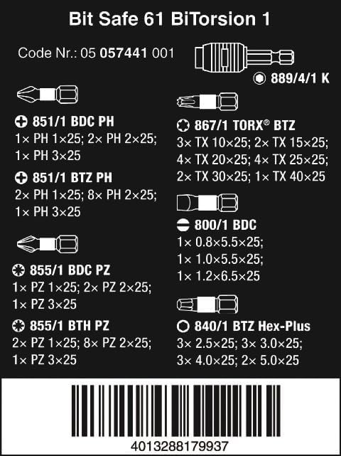 Wera Bit-Sortiment, Bit-Safe 61 BiTorsion 1, 61-teilig, Schwarz, Einheitsgrösse, 05057441001 Single,