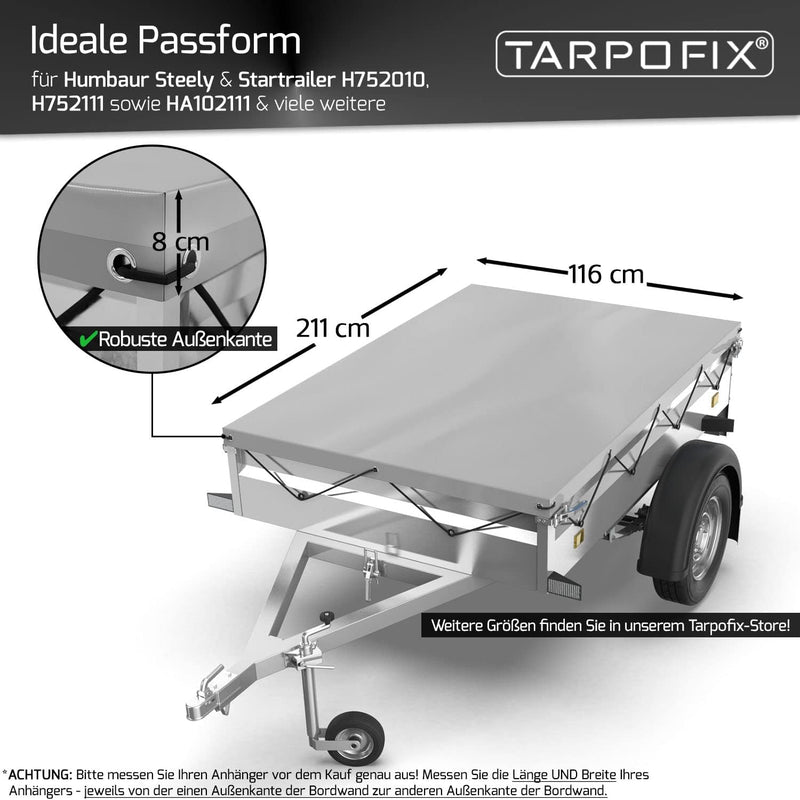 Tarpofix® Anhängerplane Flachplane 211x116x8 cm - ECHTES PVC PLANENMATERIAL - Randverstärkte Anhänge