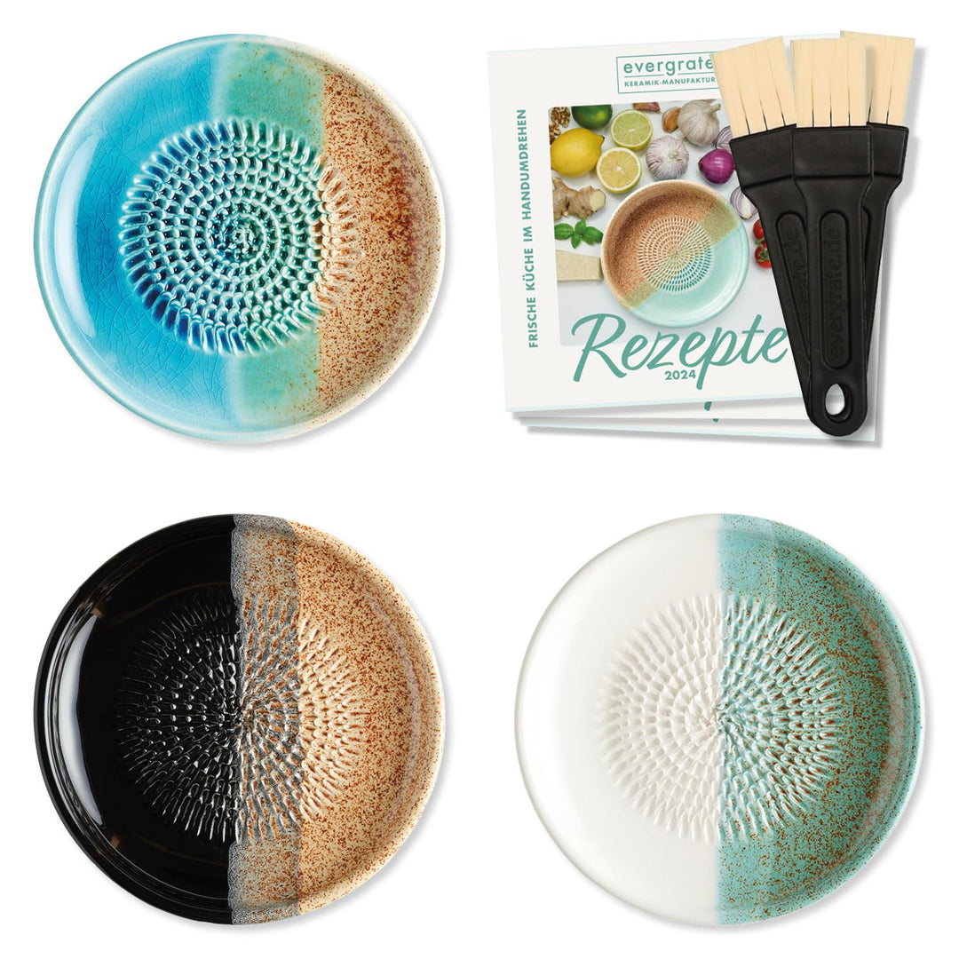 evergrate Keramikreibe 3er Verschenkset - Ocean, Desert, Ice mit Küchenpinseln und Rezeptheften