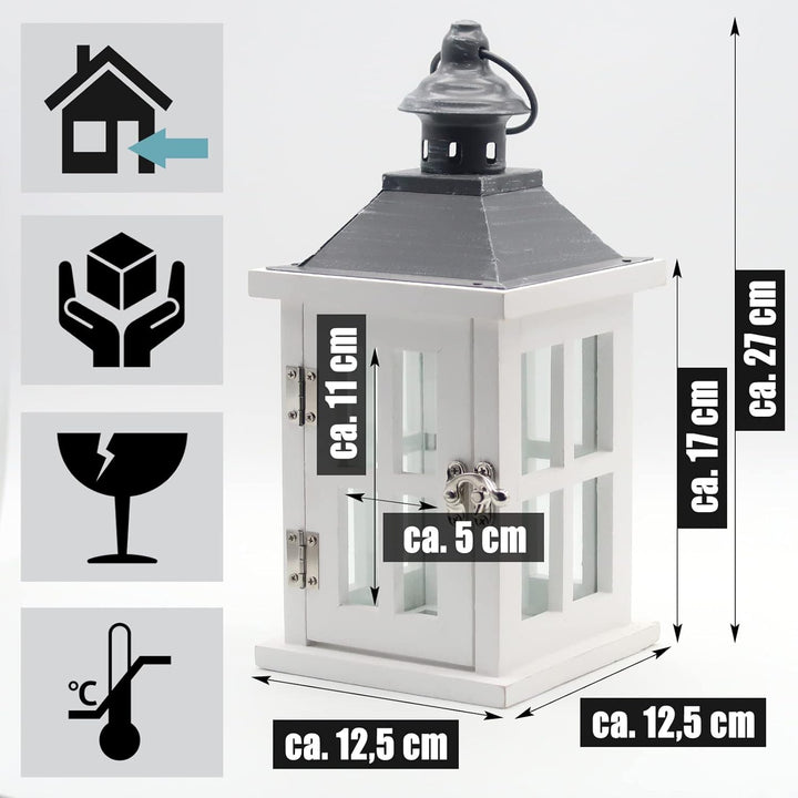 Dekovita 2er-Set Gartenlaterne 27cm/40cm - Holz-Laternen in Weiss mit Glas-Scheiben Henkel Deko-Late