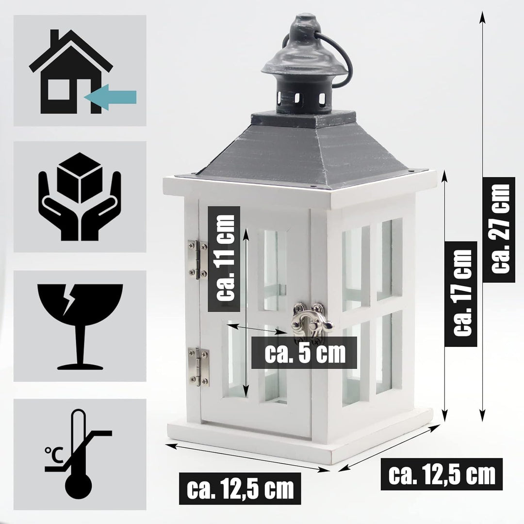 Dekovita 27cm Holz-Laterne Weiss - Gartenlaterne mit Glas-Scheiben Henkel - Windlicht Deko-Laterne N