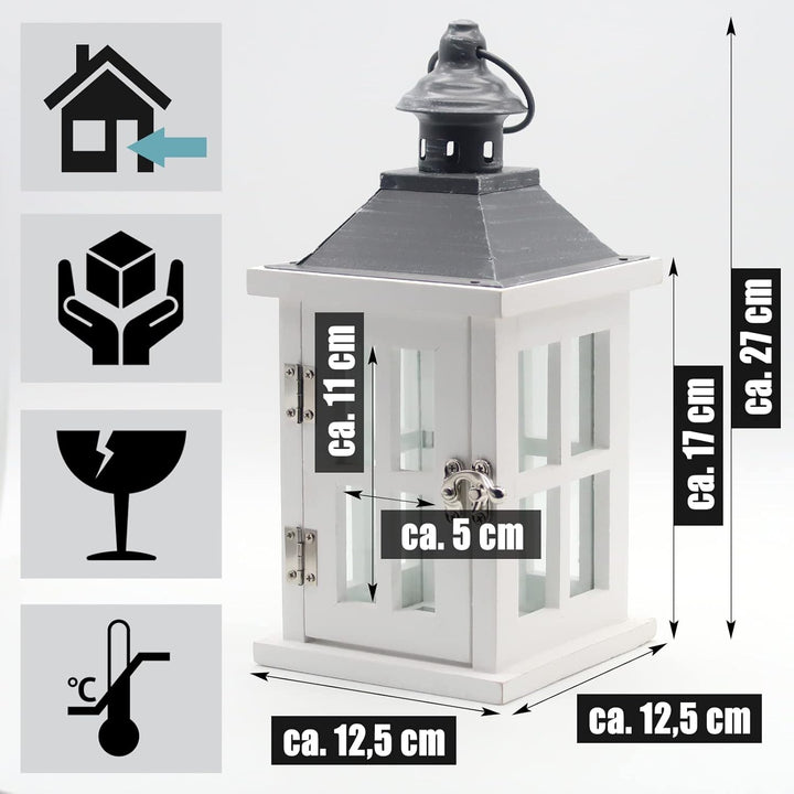 Dekovita 27cm Holz-Laterne Weiss - Gartenlaterne mit Glas-Scheiben Henkel - Windlicht Deko-Laterne N