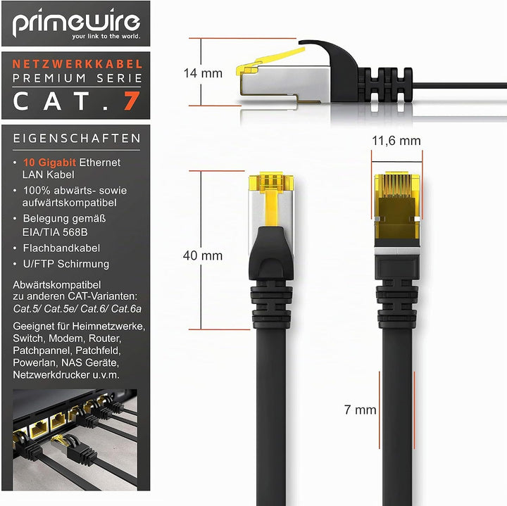15m CAT 7 Netzwerkkabel Flach, Ethernet Kabel, Gigabit Lan 10 Gbit s, Patchkabel, Flachbandkabel, Ve