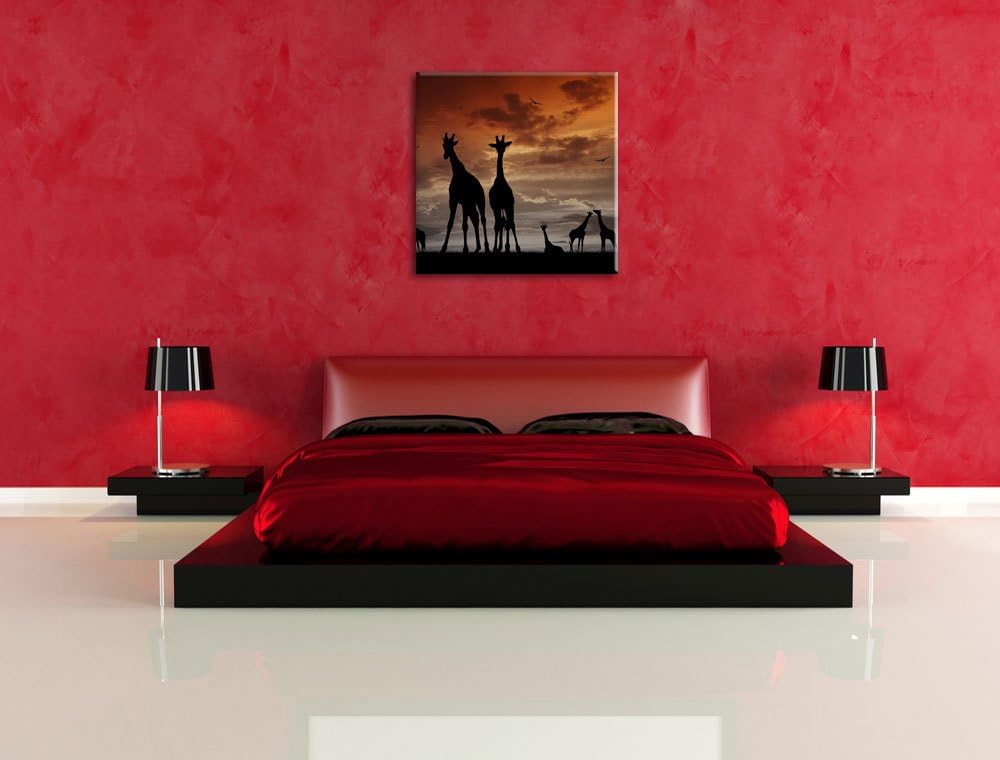Pixxprint Afrika Giraffen im Sonnenuntergang schwarz/weiss, Format: 70x70 auf Leinwand, 70x70