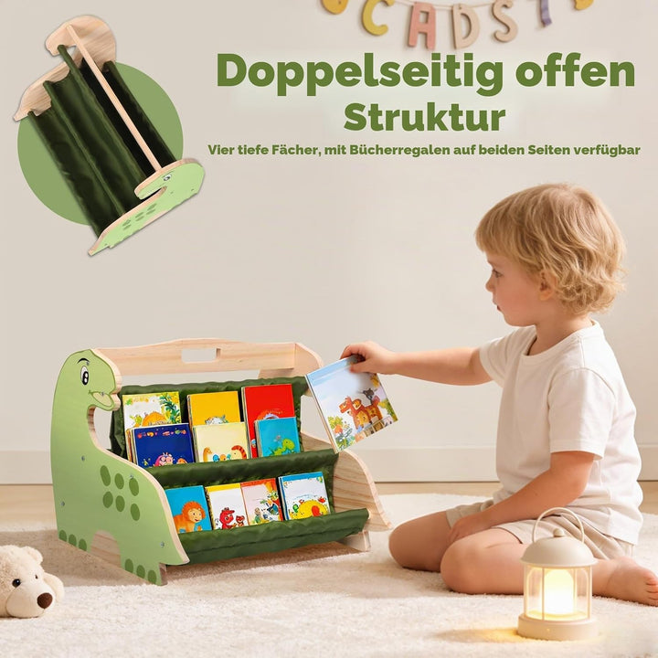 Kinder Bücherregal Holz,Montessori Kinderbücherregal,Doppelseitiges Holzregal mit Robusten Canvas Ta