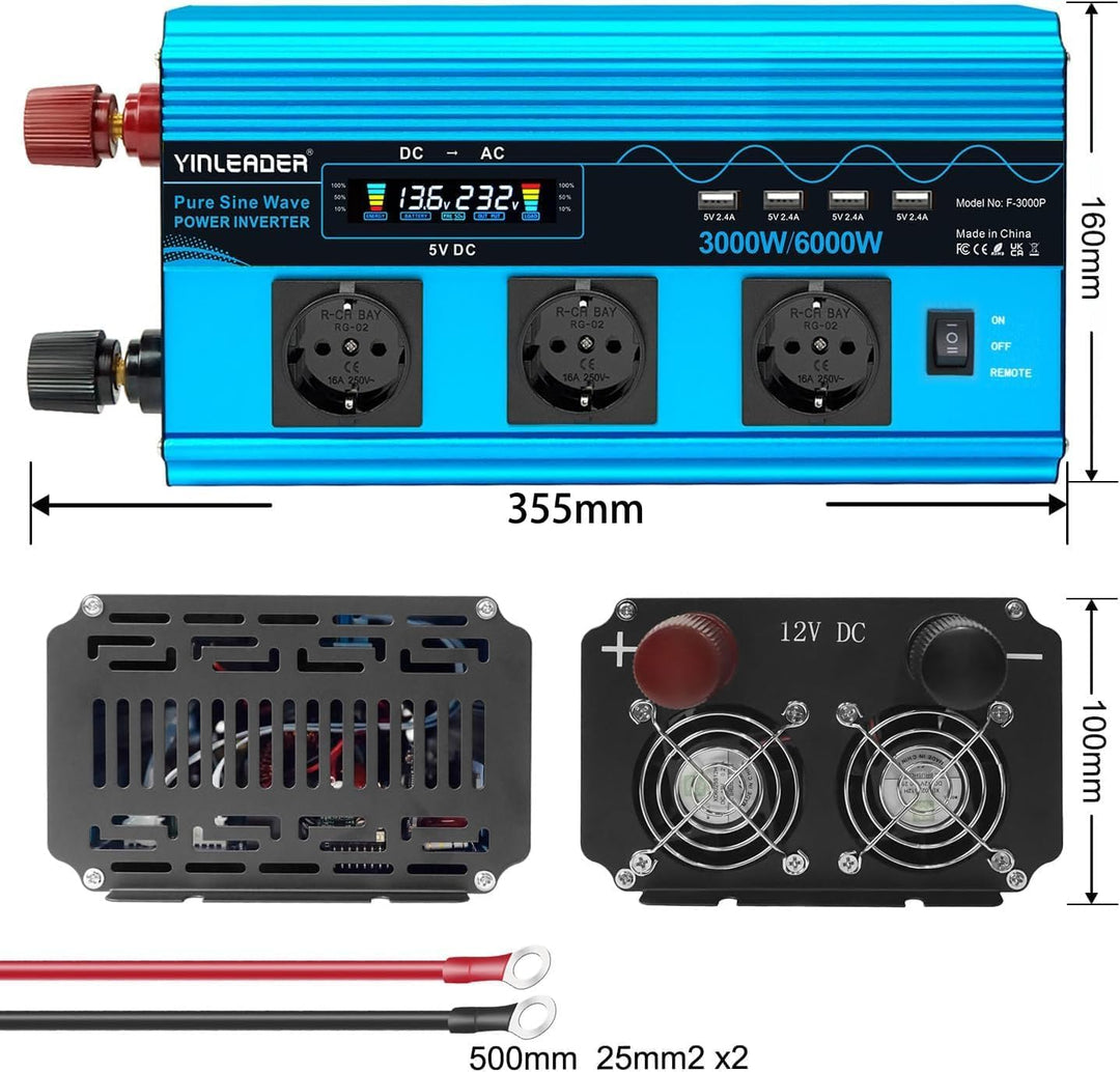 Wechselrichter 3000W /6000W Spannungswandler Reiner Sinus 12V 230V mit 3 Europäische Steckdose und 4