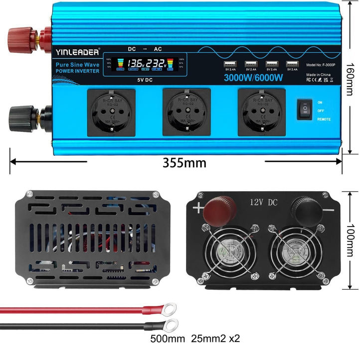 Wechselrichter 3000W /6000W Spannungswandler Reiner Sinus 12V 230V mit 3 Europäische Steckdose und 4