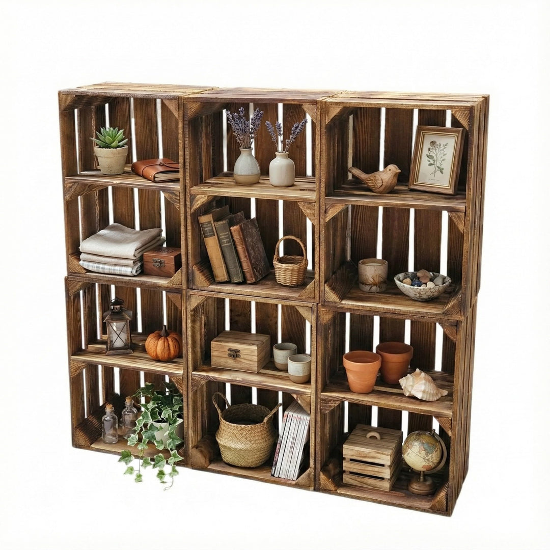 Teramico Vintage Holzkisten 40 x 30 x 25cm geflammt | Weinkisten &amp; Obstkisten | Set-Angebote (6er Se