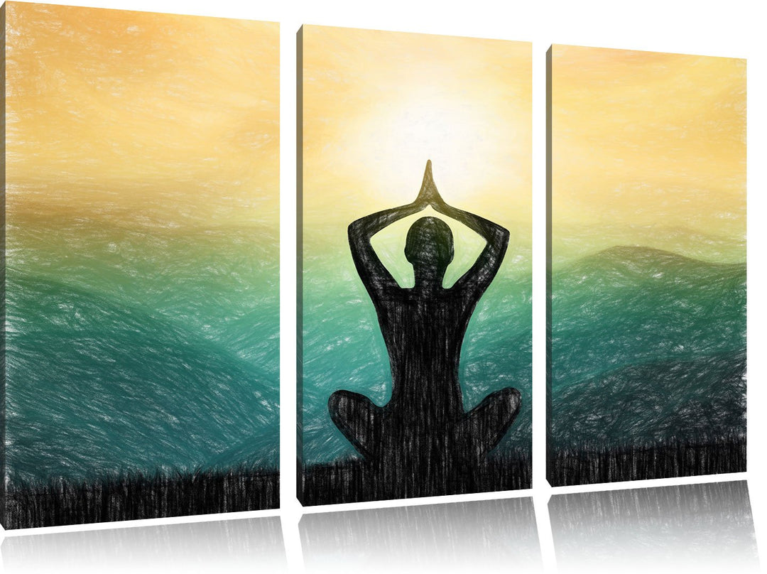 Pixxprint Yoga und Meditation in den Bergen Kunst Buntstift Effekt 3-Teiler Leinwandbild 120x80 Bild