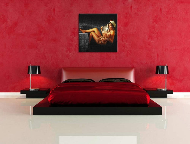 Pixxprint Dame mit Fächer und Drink als Leinwandbild/Grösse: 70x70 cm/Wandbild/Kunstdruck/fertig bes