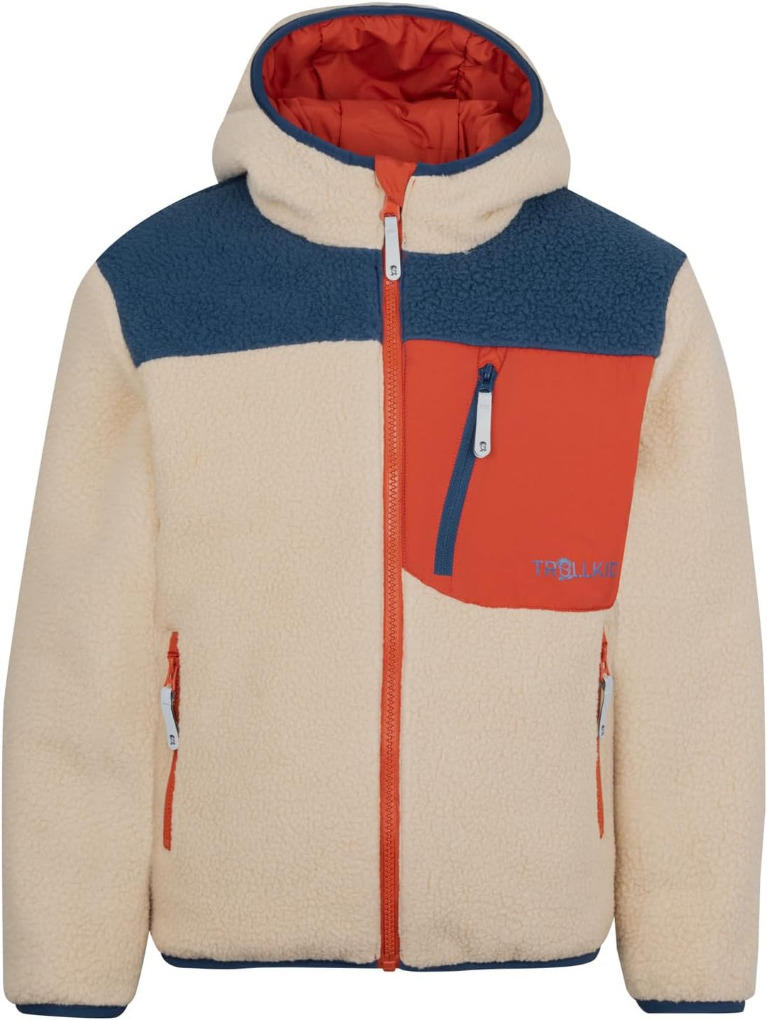 Trollkids winddichte Kinder Jacke mit Reissverschlusstaschen SANDVIKA 92 Wüstensand/Mystik Blau/Rost