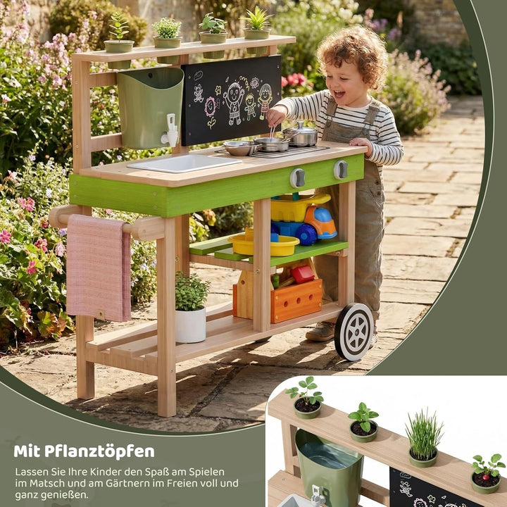 MAMIZO Matschküche Kinder Outdoor aus Holz, Tannenholz, mit Rädern Wassertank Spüle Wasserhahn Pflan