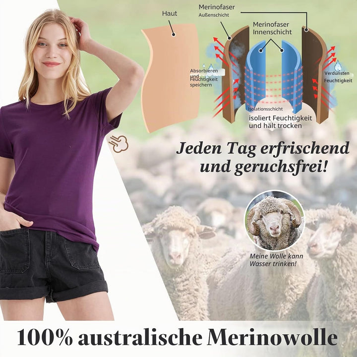 Merino Protect 100% Merino Wolle Shirt Damen Kurzarm Rundhals Wolle Unterhemd Geruchsresistenz Funkt