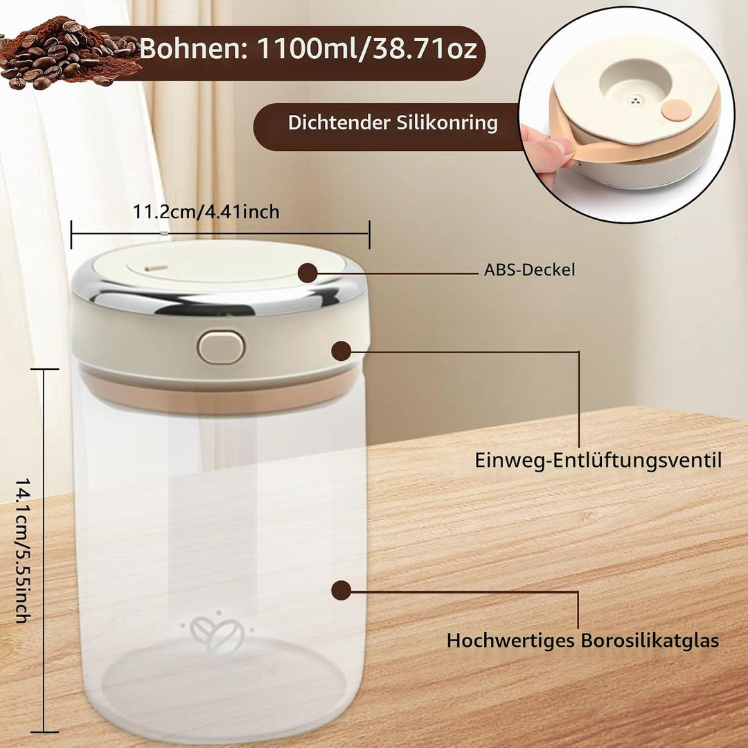 Vakuum Glas Kaffeedose Luftdicht, 1.1L Vakuum Kaffeedose mit Auslassventil und Datumsanzeige, Kaffee