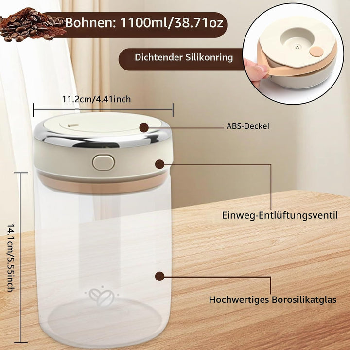 Vakuum Glas Kaffeedose Luftdicht, 1.1L Vakuum Kaffeedose mit Auslassventil und Datumsanzeige, Kaffee