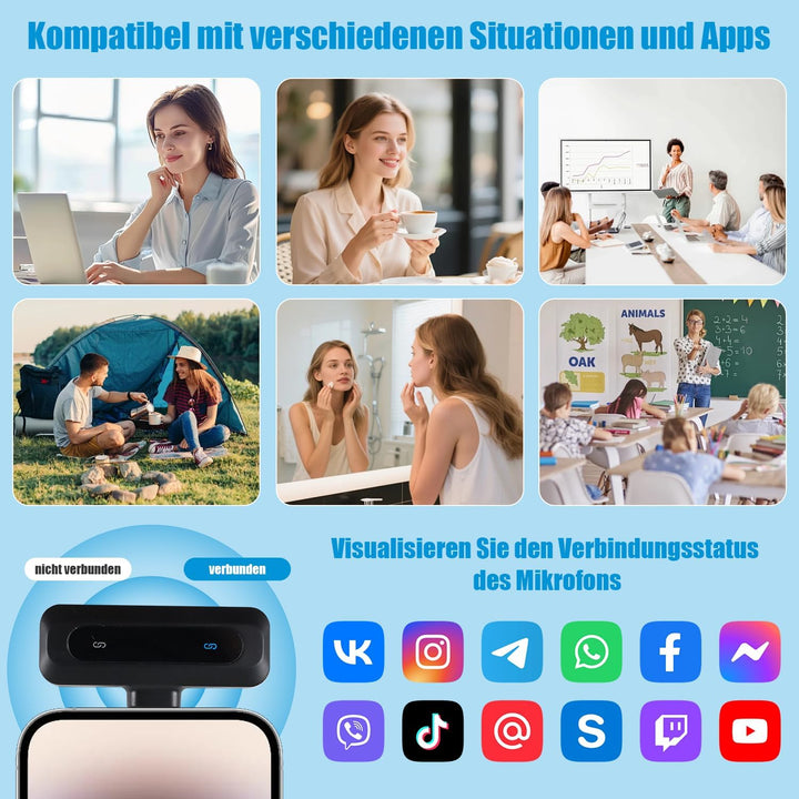Kabelloses Lavalier Mikrofon für iPhone, Android &amp; Handy, mit USB-C &amp; Lightning, 2,4 GHz Wireless Mi